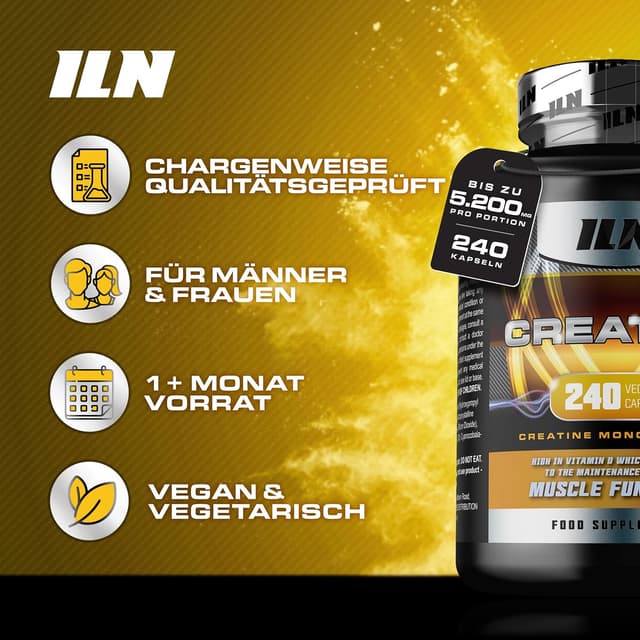 Detalle 2 de ILN Creatin Kapseln – 5.200 mg Kreatinmonohydrat pro Tag, 240 vegane Kapseln
