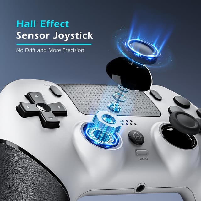 Detalle de CHEREEKI manette PS4 sans fil Bluetooth avec joysticks à effet Hall, double vibration et micro-macro Turbo (blanc)