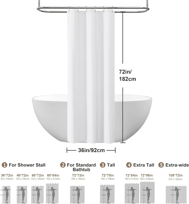 Thumbnail 5 de VANZAVANZU Waterproof Narrow Shower Curtain 92x182cm with metal hooks (white)