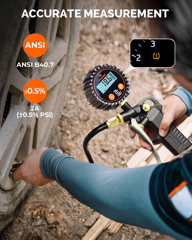 Detalle de ETENWOLF T500 Digital Tire Pressure Gauge with Inflator (0–250 PSI) — ANSI B40.7 Grade 2A