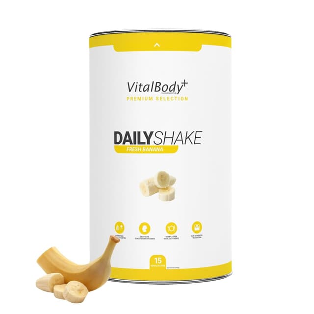 Detalle de VitalBody+ DailyShake Fresh Banana (450 g) – vegetarischer Mahlzeitenersatz zum Abnehmen, 250 kcal pro Shake
