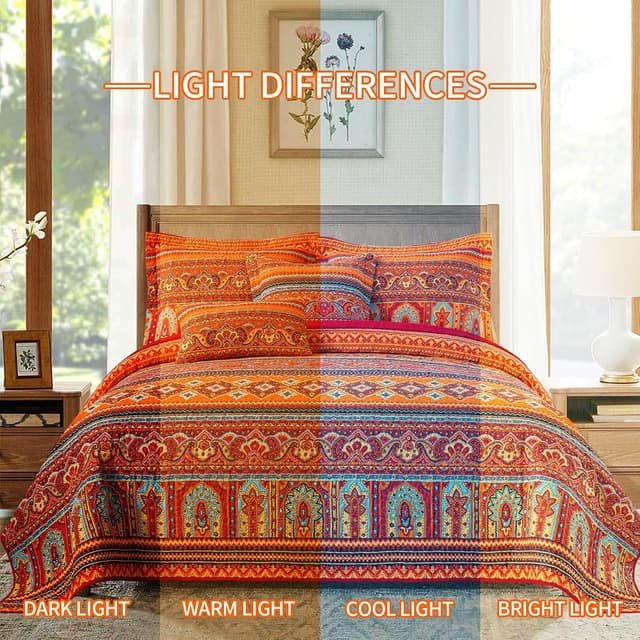 Detalle de BEDIFANY Cotton Quilts Queen Size Set (3-Piece) — Lightweight Boho Stripe Quilt with 2 Pillow Shams