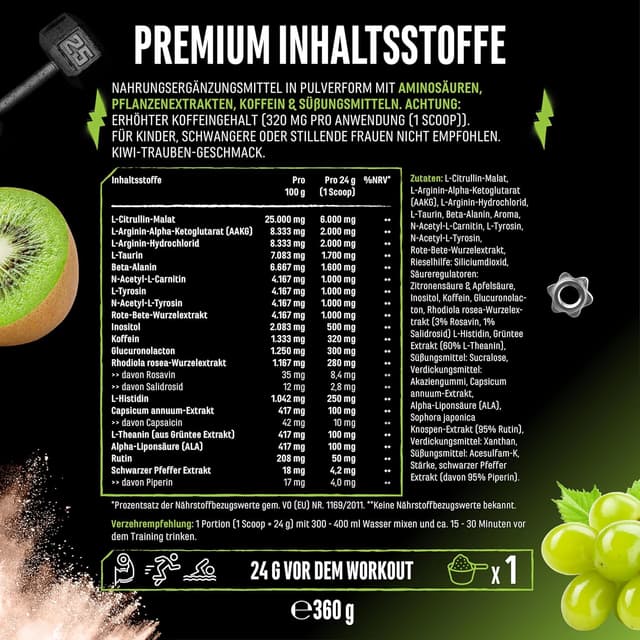 Detalle de Push it to the Limit Pre Workout mit L-Arginin, Citrullin & Koffein – 360 g (Kiwi-Grape)