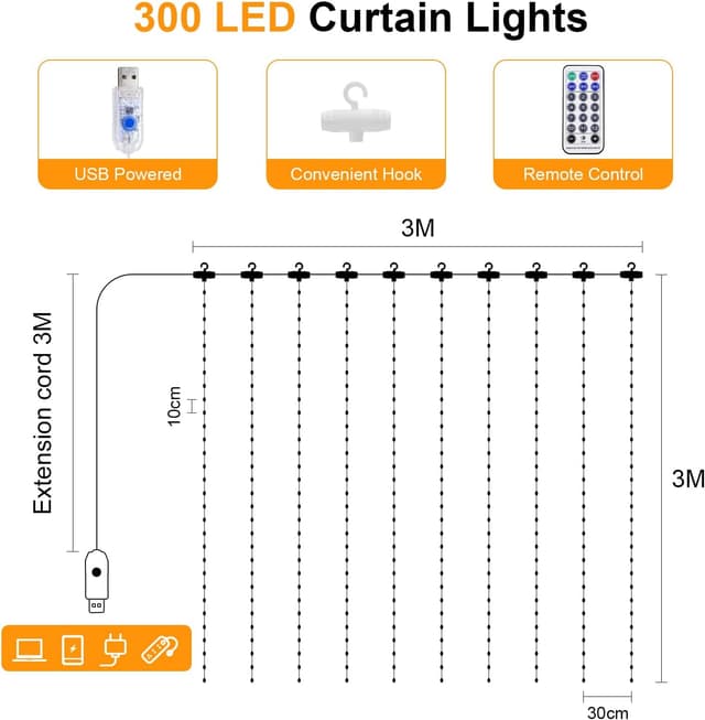 Detalle de A.bigwhale Lichtervorhang für innen 3x3 m mit 300 LEDs, dimmbar, 12 Modi, Timer & Fernbedienung