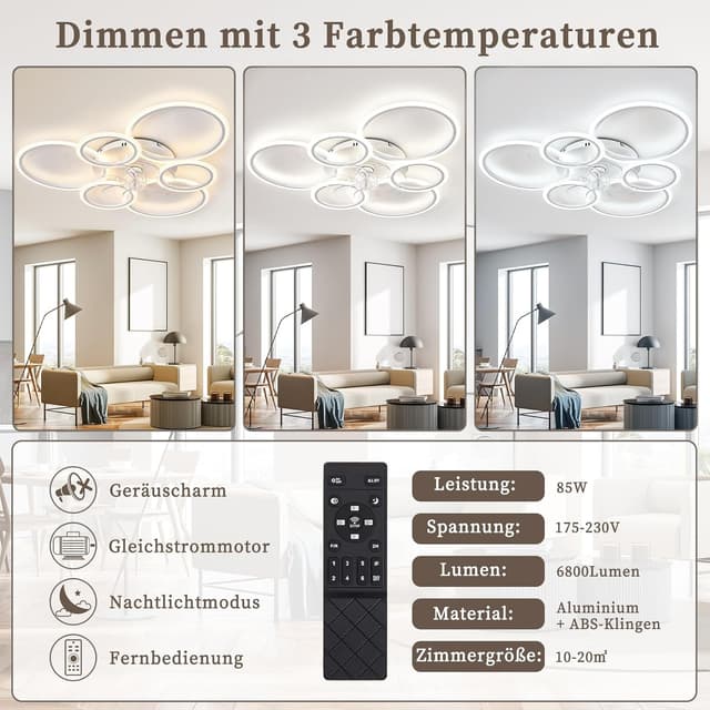 Detalle de MiiR Deckenventilator mit Beleuchtung, LED dimmbar & Fernbedienung – umkehrbarer Motor, 6-Gang (85 W, 6.800 lm), weiß
