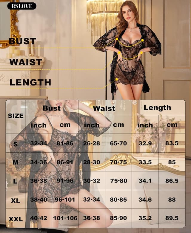 Detalle de RSLOVE Women’s Lace Robe Chemise & Matching Panties 3-Piece Set