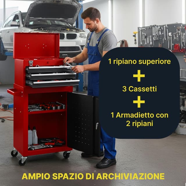 Detalle de DAIMANN carrello porta attrezzi professionale con 3 cassetti scorrevoli e armadietto con serratura (rosso)