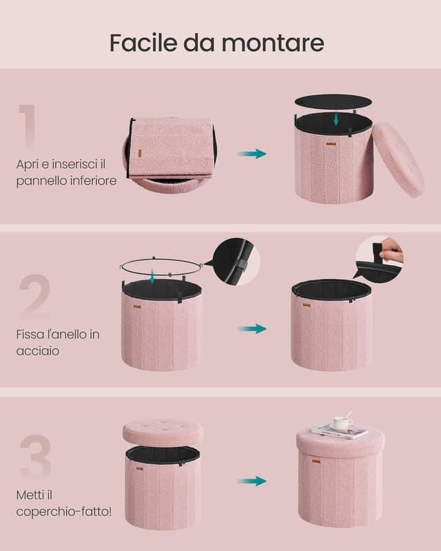 Detalle de SONGMICS MAZIE LSF606R01 pouf contenitore rotondo pieghevole rosa pastello, con coperchio e seduta in tessuto peluche