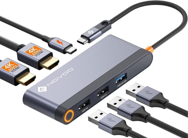 Detalle de NOVOO USB-C-Dockingstation mit Dual HDMI (bis 4K@60Hz), USB-A Hub, PD 100W und 2x HDMI