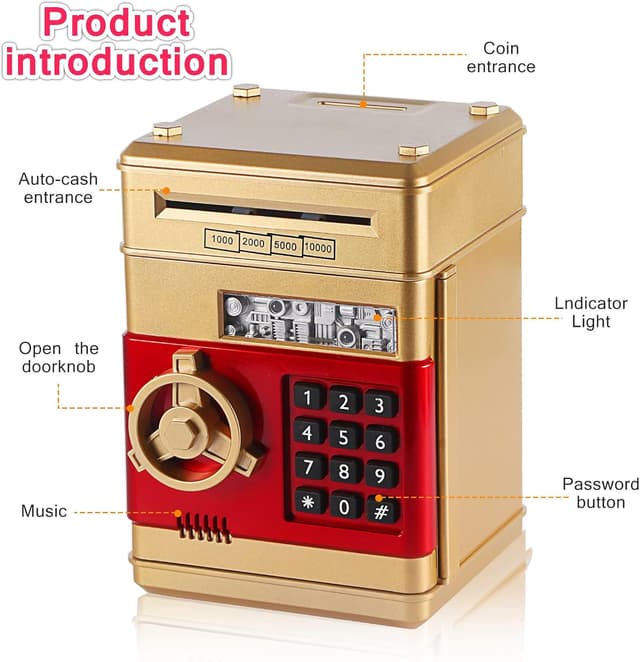 Detalle de YUNYODA Elektronische Sparbüchse für Kinder mit 4-stelligem Passwort und automatischer Münz-/Geldschein-Aufnahme