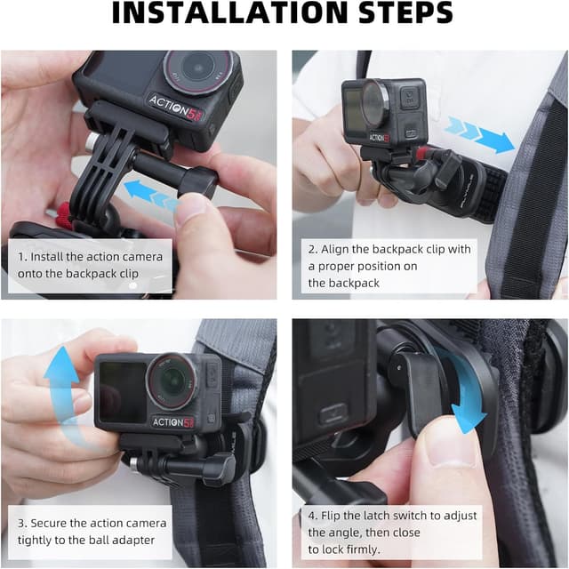 Detalle 2 de BRDRC Magnetic Rucksack-Halterung Clip für DJI Osmo Action 5/4/3, Insta360 X5 & GoPro Hero 13/12/11 – 360° drehbarer Clip