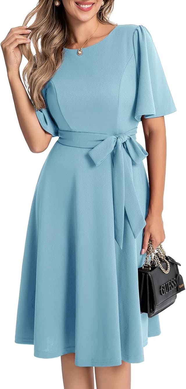 Detalle 2 de Robe de soirée femme midi Bbonlinedress manches courtes, col rond et ceinture