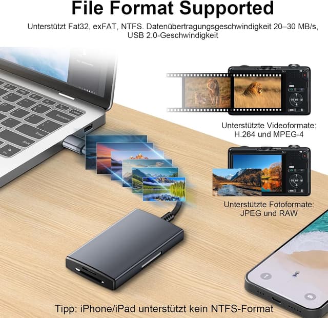 Detalle 2 de Dalimee 4-in-1 SD Kartenleser USB-C & USB (SD/TF/CF/MS) mit bidirektionaler Übertragung