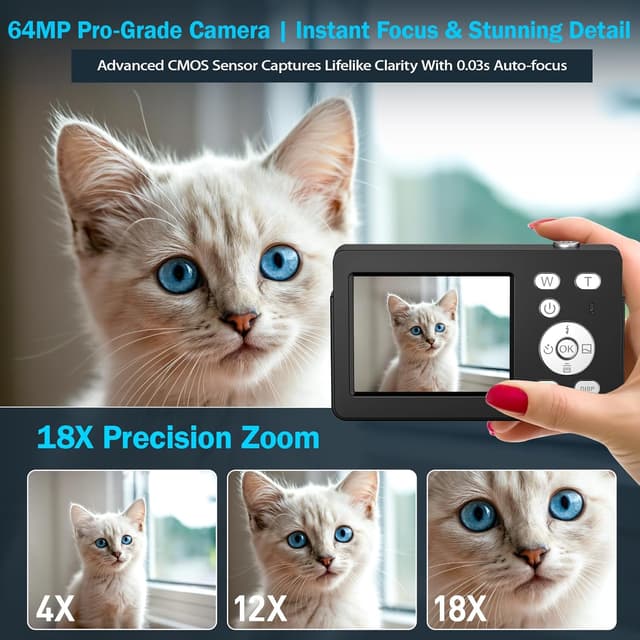 Detalle 2 de Teoryieer Digital Camera (Black/Pink) – FHD 1080P compact point-and-shoot with dual cameras and 18X digital zoom