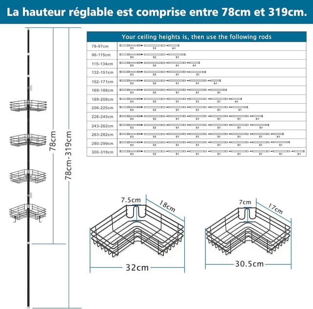 Thumbnail 6 de FIISAYL étagère de douche télescopique sans perçage en acier inoxydable (4 plateaux) réglable 85–325 cm – Noir