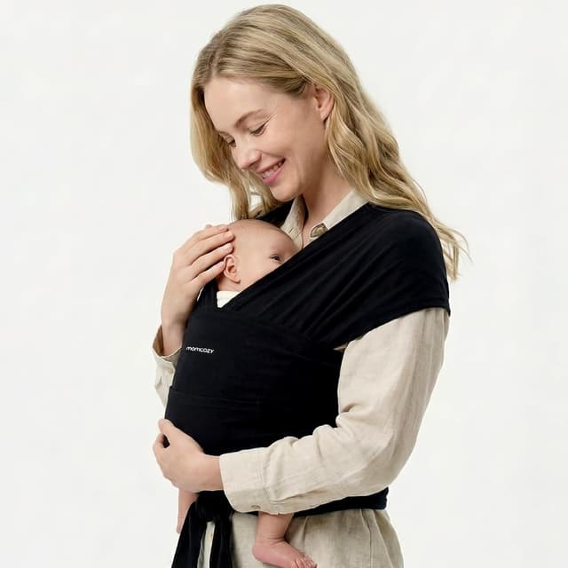 Detalle de Momcozy elastisches Babytragetuch für Neugeborene ab Geburt (3,6–15 kg) als Ring Sling – atmungsaktiv, ergonomisch, OEKO-TEX 100 zertifiziert, Schwarz