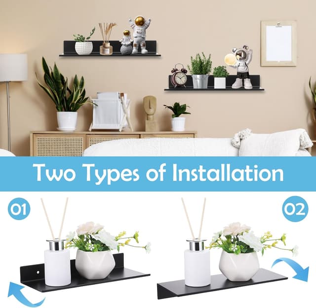 Detalle de JIZZU schwebende Wand-Badregale (2 Stück), schwarz, selbstklebend, ohne Bohren – Metallregale für Bad, Küche, Wohnzimmer & Büro