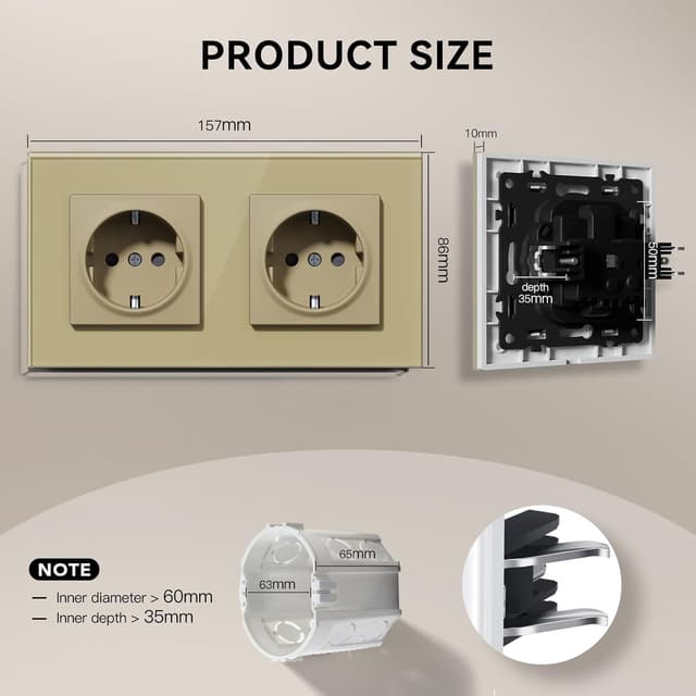 Detalle de BSEED Glas-Steckdose EU-Standard E-Serie (2-fach), 16A/250V – Wandsteckdose mit Kindersicherung, 157 mm in Gold