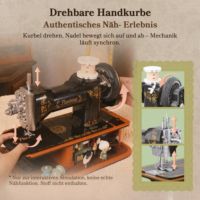 Detalle 2 de PANTASY Retro Nähmaschine Baustein-Modell (Vintage Handkurbel) – mechanischer Zahnrad-Mechanismus & Mini-Schneiderei-Diorama