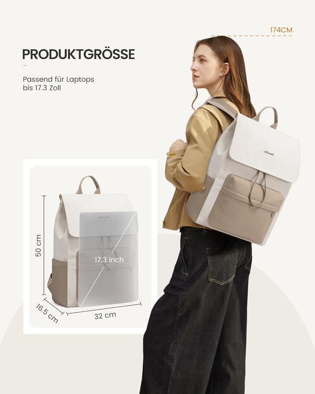 Detalle de LOVEVOOK Damen-Rucksack für 17,3" Laptop – wasserdicht, leicht & mit Diebstahlschutz