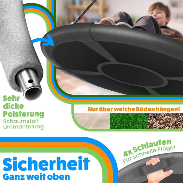 Detalle 1 de ELONEO Nestschaukel Outdoor & Indoor (Ø 90 cm) – höhenverstellbare Tellerschaukel bis 200 kg mit Kissen & Zubehör-Set