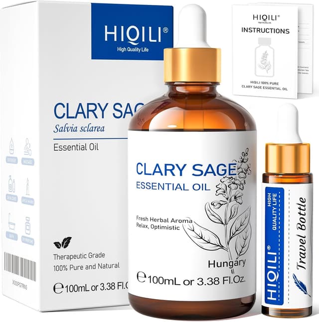Detalle de HIQILI Clary Sage Essential Oil 100ml (100% pure, undiluted) for aromatherapy, massage, bath and skincare