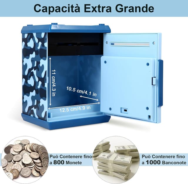 Detalle de Pup Go Salvadanaio Elettronico ATM con codice: cassaforte giocattolo per monete e banconote blu