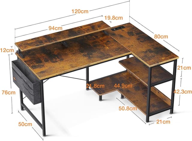 Detalle de ODK Scrivania Angolare 120x80 cm a L reversibile con porta ricarica USB e prese elettriche, marrone