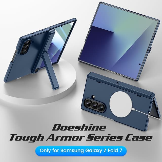 Detalle 2 de Doeshine Galaxy Z Fold 7 Case with Kickstand & Front Screen Protector (Blue) — Magnetic hinge protection