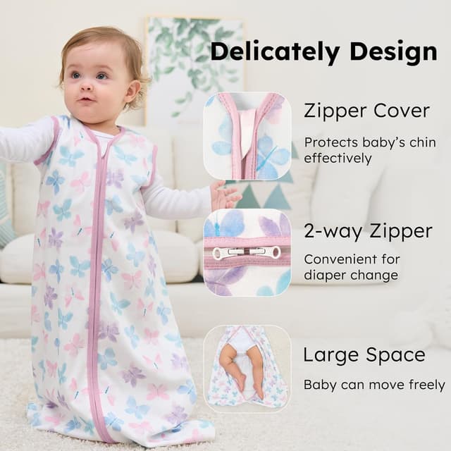 Detalle de FIEMOL Baby-Schlafsack 0,5 Tog (6–12 Monate), Baumwolle, 3er-Pack – rosa Schmetterling