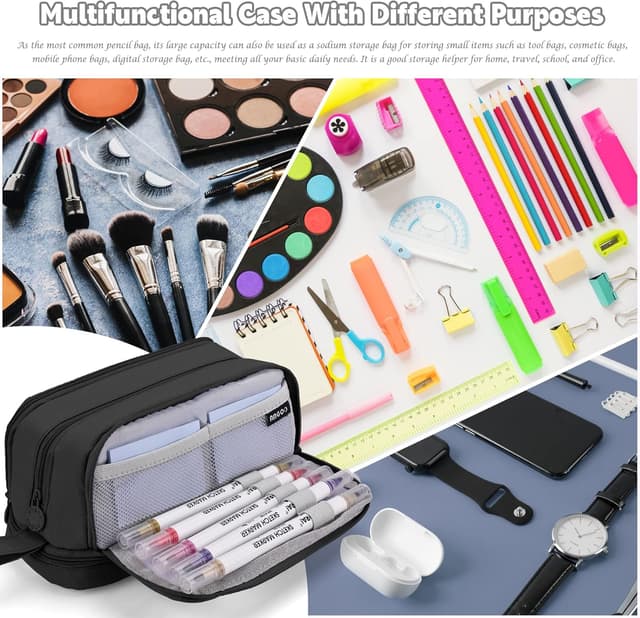 Detalle de Howala Large Capacity Pencil Case with 4 Compartments (Black canvas pouch)