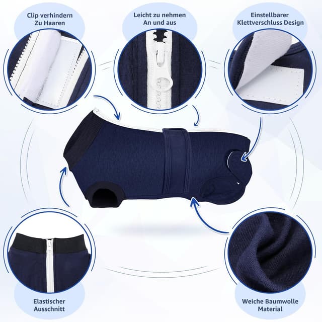 Detalle de Eyein Hundebody nach OP – Wundschutzanzug mit Reißverschluss & Klett, atmungsaktiv, Dunkelblau (4XL)