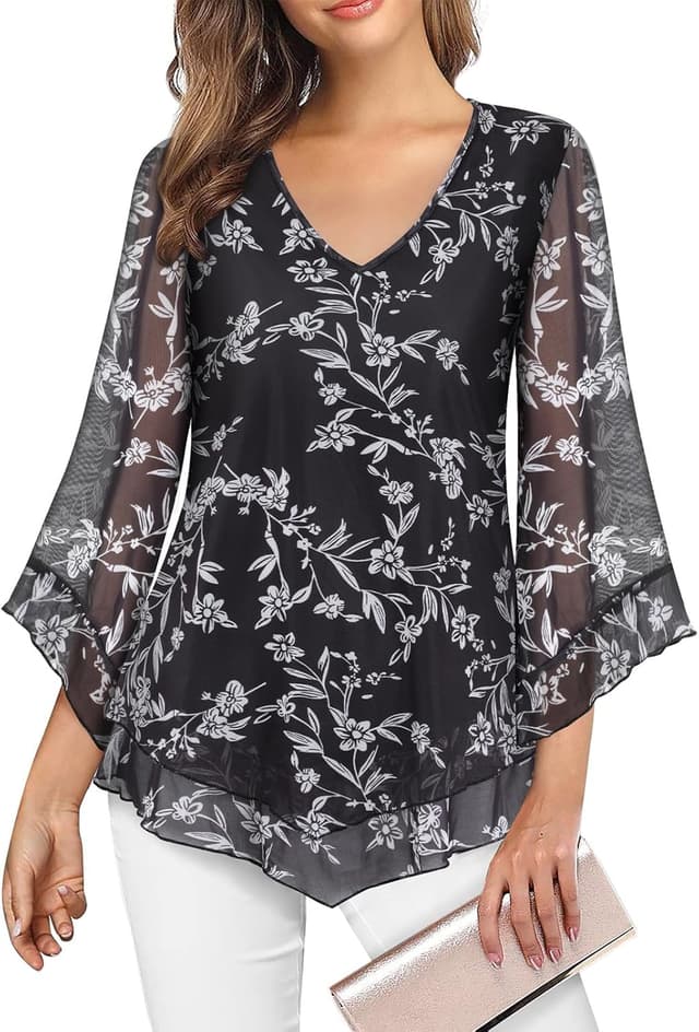 Detalle 2 de Gemulate Ruffle 3/4 Sleeve Chiffon Mesh Tunic Top for Women (V-neck, double-layer)