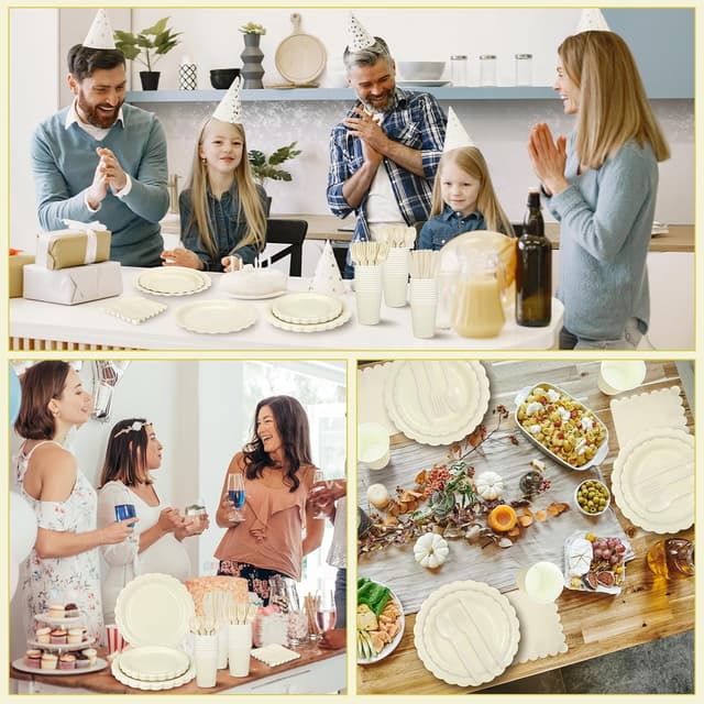 Thumbnail 6 de Xiangqu 175-Piece Ivory Paper Plates and Napkins Set for Parties (Beige scalloped disposable tableware)