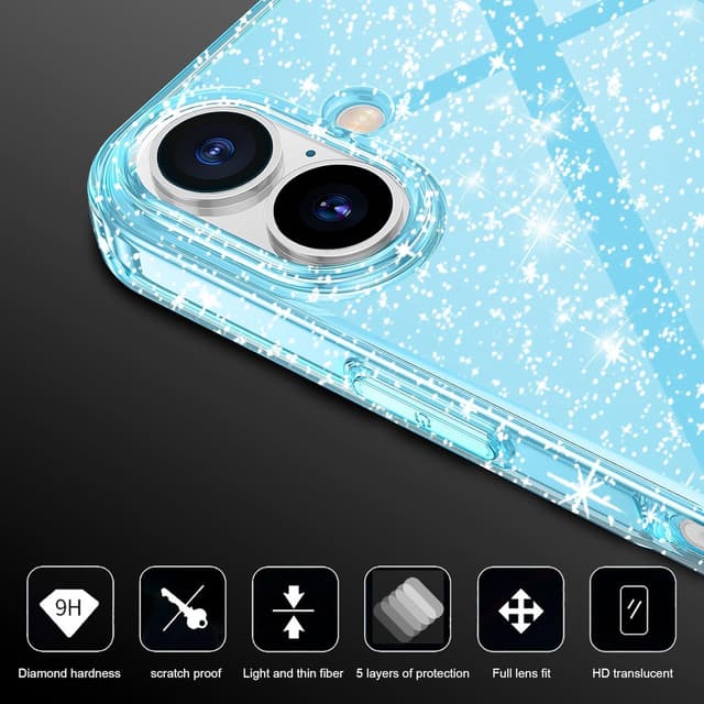 Detalle de AROYI 3 in 1 Clear Glitter Case for iPhone 16 (6.1") with 2x Tempered Glass Screen Protectors, Blue