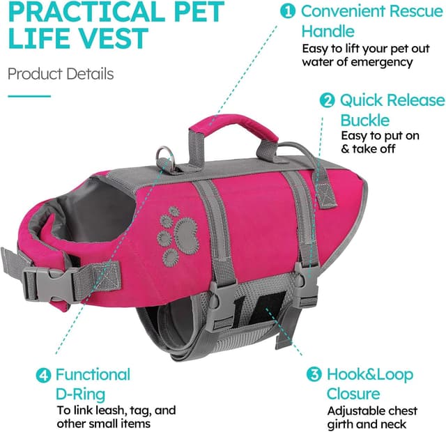 Detalle 2 de Queenmore Large Dog Life Vest (Reflective, Lightweight) with Rescue Handle – Fuchsia, L