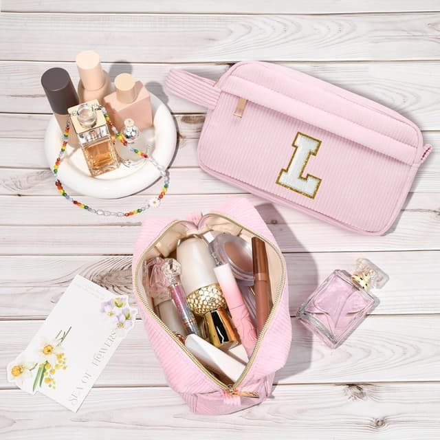 Detalle de Toozen Initialen Make-up-Tasche aus Cord (Reisekulturbeutel) mit Metallreißverschluss, rosa