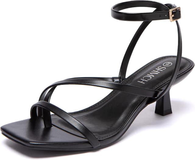 Detalle de SHMCH Kitten Heels for Women Low Strappy Lace-Up Dress Sandals with Square Toe & Ankle Strap