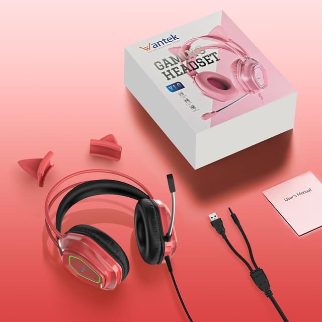 Detalle de Wantek Wantak Katzenohr-Kopfhörer mit Mikrofon (kabelgebunden) – Gaming-Headset für PC, PS5 & Xbox, Noise Cancelling, 20–20.000 Hz (Red)