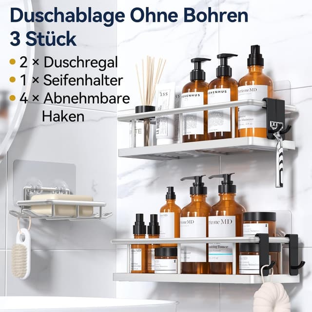 Detalle de YASONIC Duschablage ohne Bohren (3er-Set) – rostfreie Organizer mit 2 Haken, schnell trocknend, Silber