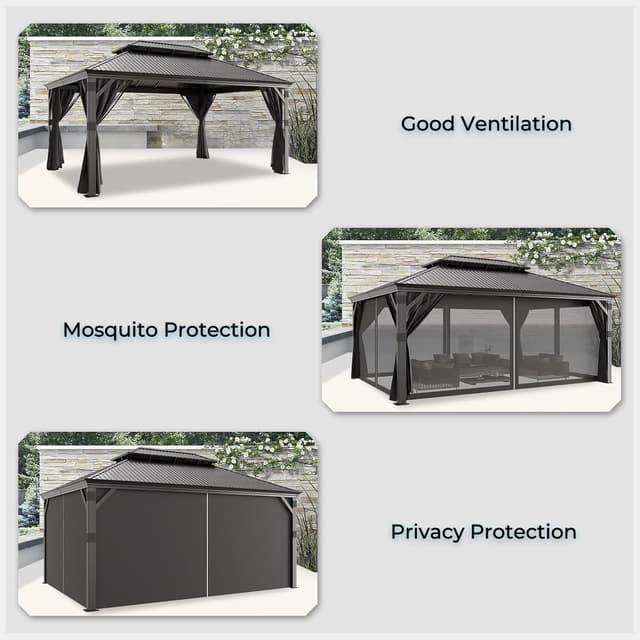 Detalle de JUMMICO Pavillon 3,65 x 4,85 m hardtop double toit imperméable avec stores et moustiquaires, gris