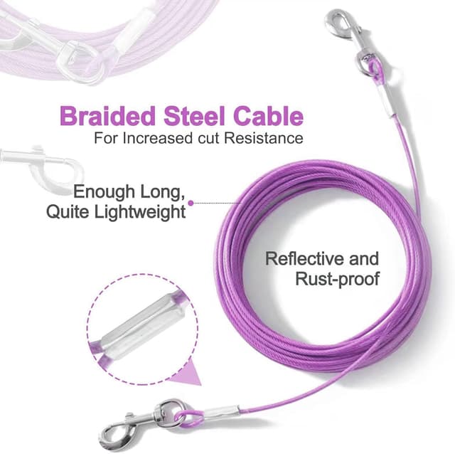 Detalle de Mi Metty Dog Tie Out Cable (Chew Proof) – Heavy-duty outdoor runner leash, purple, 20ft (6M)