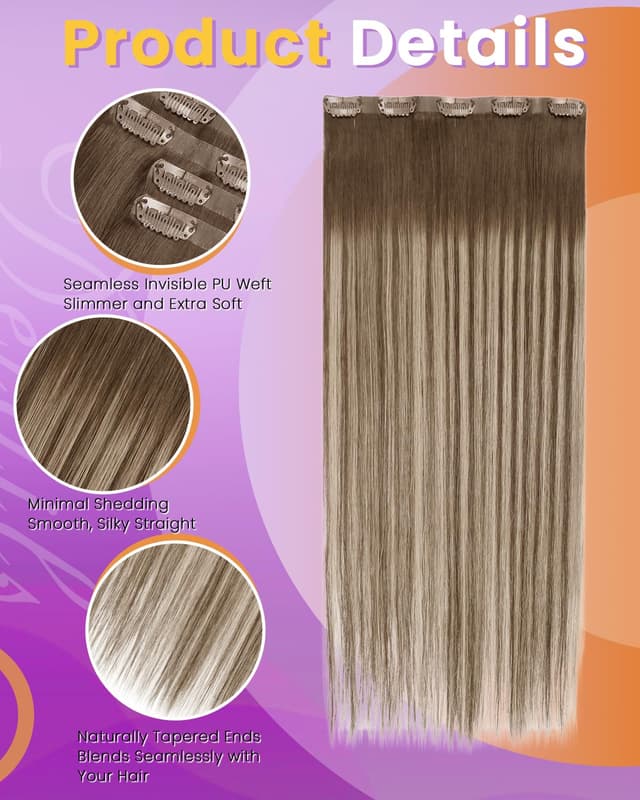 Detalle 2 de LaaVoo Clip-in Extensions Echthaar Glatt 40 cm (4 Clips, 80 g) #8/16/8 – Braun/Balayage