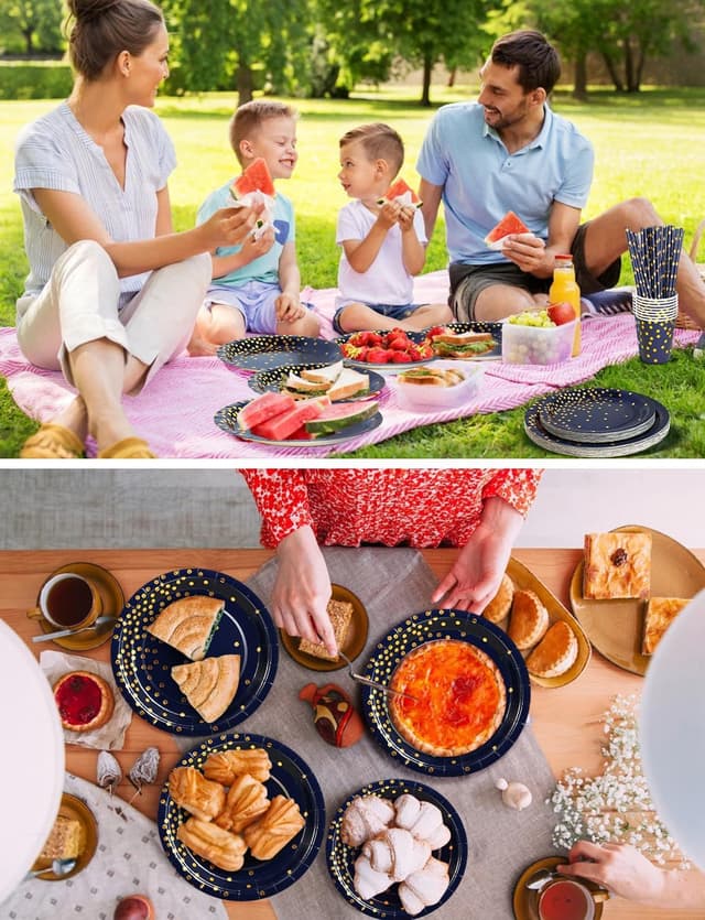 Detalle de Nkaiso Party Tableware 126-piece set in navy blue and gold paper (for up to 25 guests)