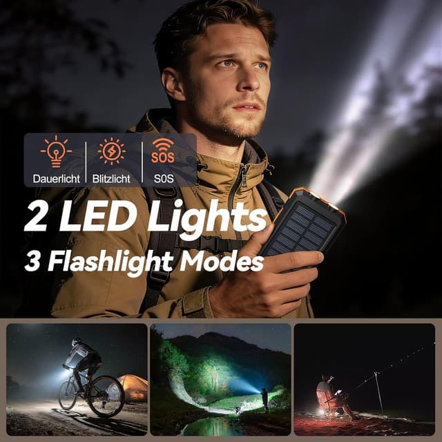 Detalle de Vikeri Solar Power Bank 26800mAh with USB-C fast charging, solar panel, torch & compass (Dark Orange)