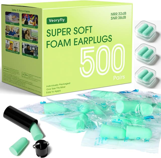 Detalle de 500 Pairs Foam Ear Plugs (Soft Disposable) with Travel Case — 38dB SNR Noise Reduction