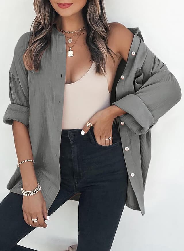 Detalle 2 de Dokotoo Damen Musselin Langarmbluse mit Knopfleiste und Farbblock-Design (S–XXL)