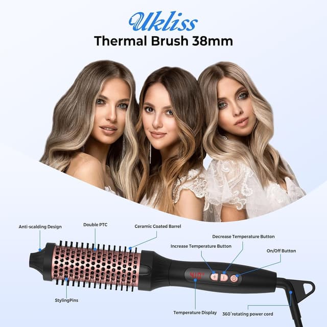 Detalle de UKLISS Thermal Brush 38mm Pro Ionic Heated Round Brush (120–210℃) – 3 in 1 Heated Curling Brush, Double Voltage (Black Gold)