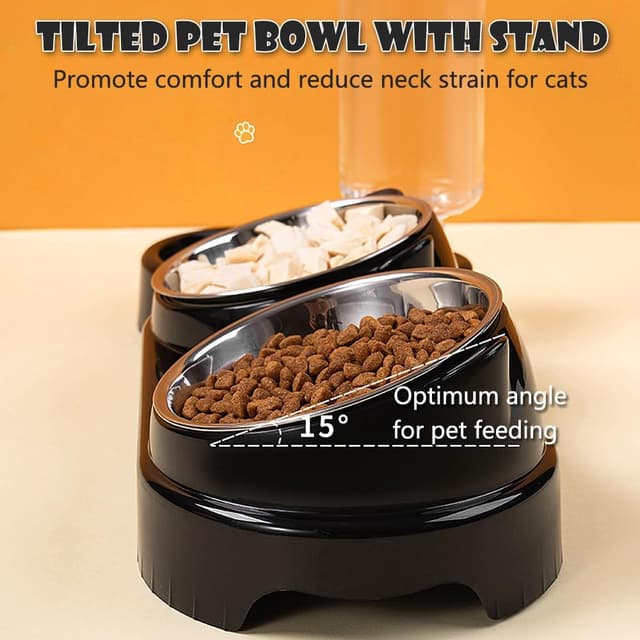 Detalle de 3-in-1 Cat Food and Water Bowl Set — Tilted Stainless Steel