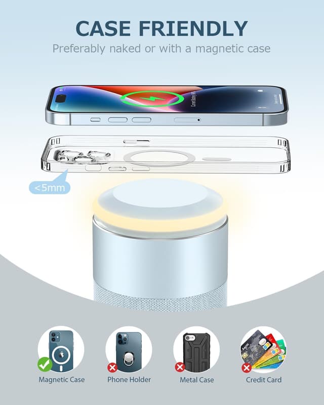 Detalle de COLSUR 2-in-1 Bluetooth Speaker with Wireless Charger and Night Light (for iPhone 16/15/14/13/12 & AirPods Pro/3/2)